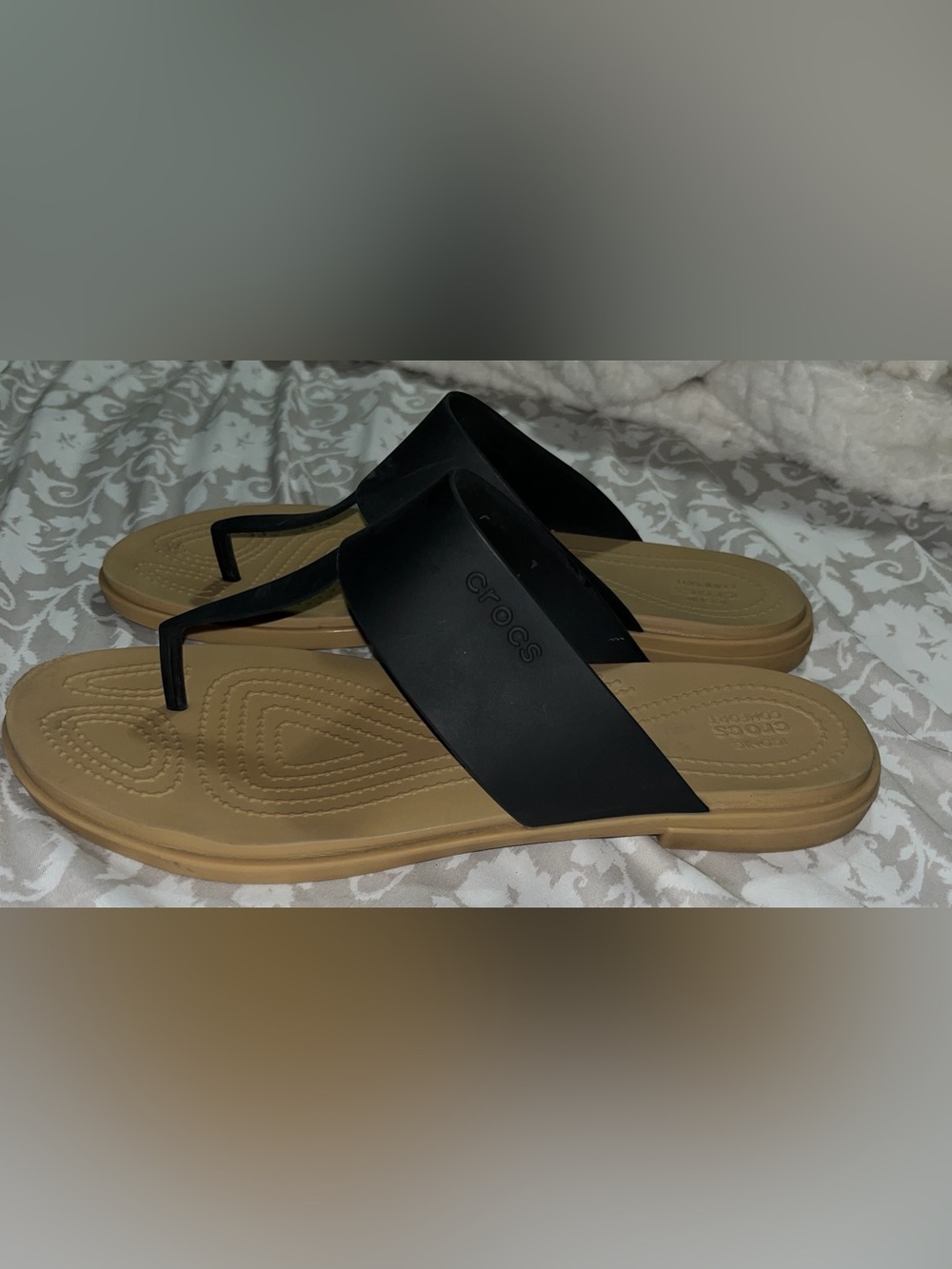 CROCS Black Strap and Tan Footbed Women's Sandals EUC